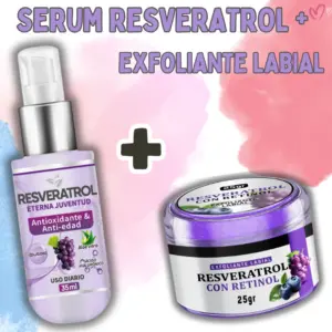 Set x2 Serum facial con resveratrol y exfoliante labial hidratante - Combate los signos de la edad y renueva tu piel