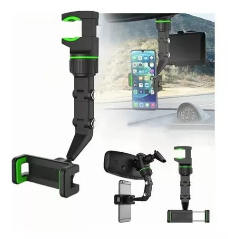 Soporte para celular flexible negro con detalles verdes para músicos; muestra el brazo ajustable, pinzas de sujeción y su uso en un atril.