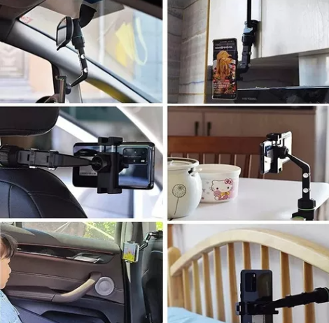Soporte de celular negro con brazo flexible y articulado, usado en el carro, la cocina y una cuna para visualizar contenido en distintas posiciones.