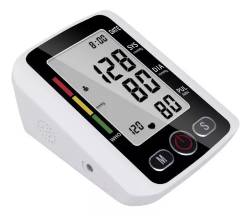 Tensiómetro digital blanco para brazo, en ángulo de tres cuartos, con pantalla LCD que muestra 128 sobre 80 milímetros de mercurio y pulso de 80.