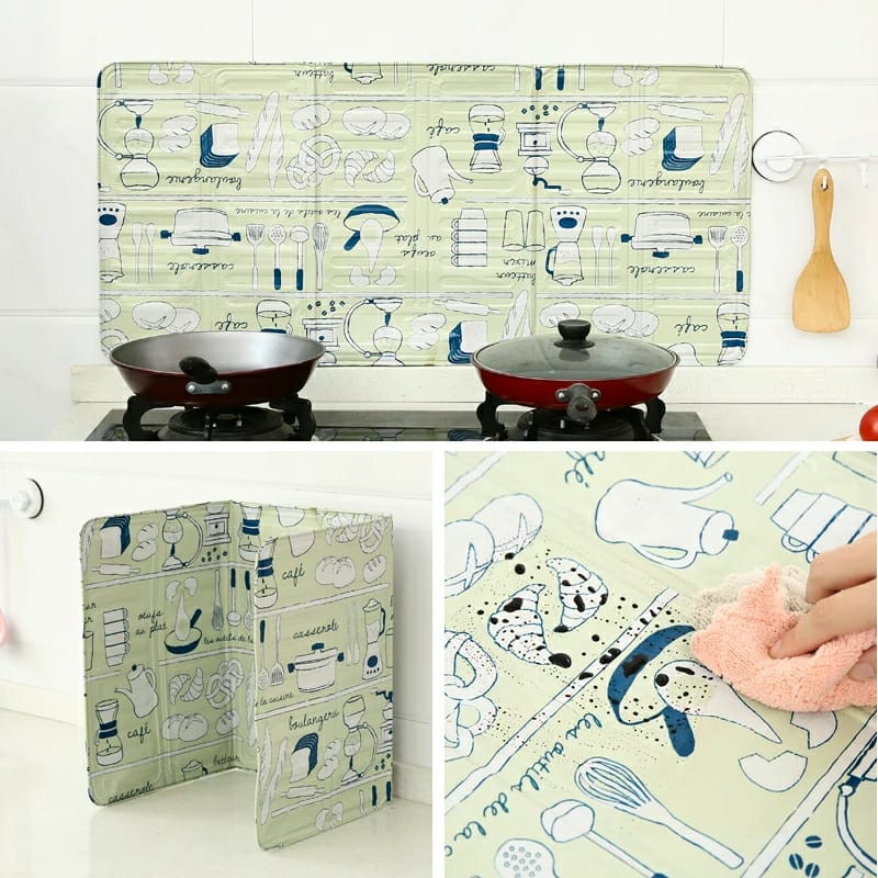 Protector de salpicaduras plegable de tres paneles con diseño de utensilios de cocina en tonos verde y azul, ideal para evitar manchas de grasa en paredes.
