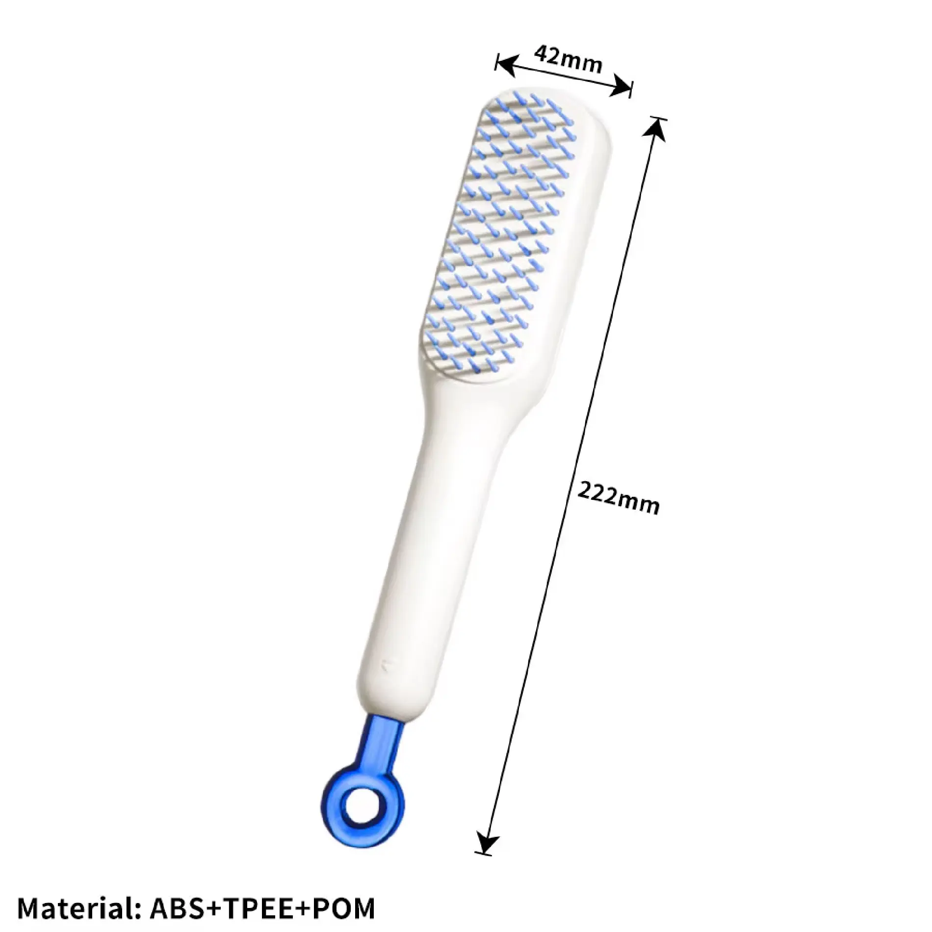 Cepillo blanco de 222x42 mm con cerdas azules flexibles y colgador azul, fabricado en ABS, TPEE y POM, ideal para desenredar cabello sin dolor
