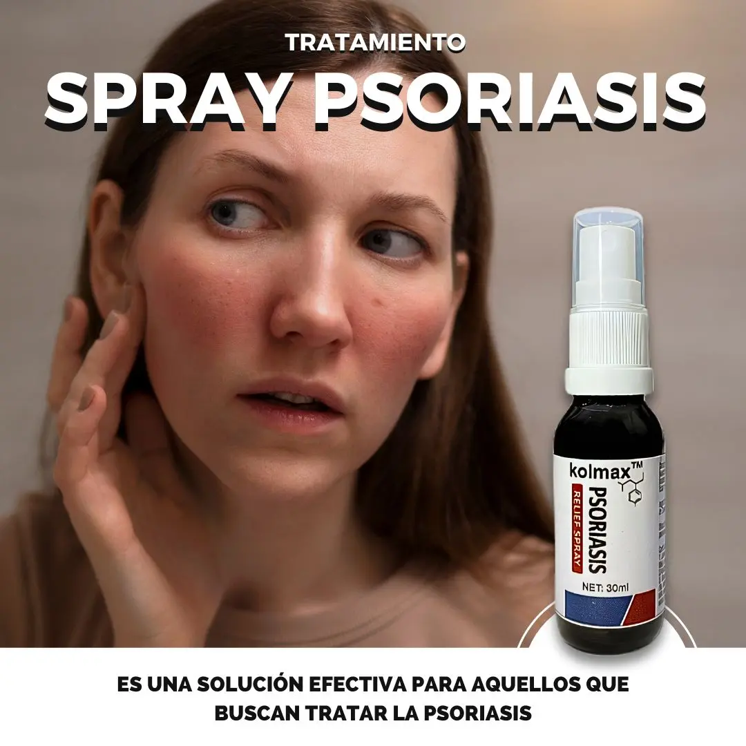 Mujer tocando su rostro con enrojecimiento junto a frasco de spray Kolmax para psoriasis de 30 ml con atomizador blanco.