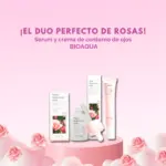 Set con serum y contorno de ojos de rosas BIOAQUA, organizados sobre una base cilíndrica rosa con cajas y rosas decorativas alrededor.