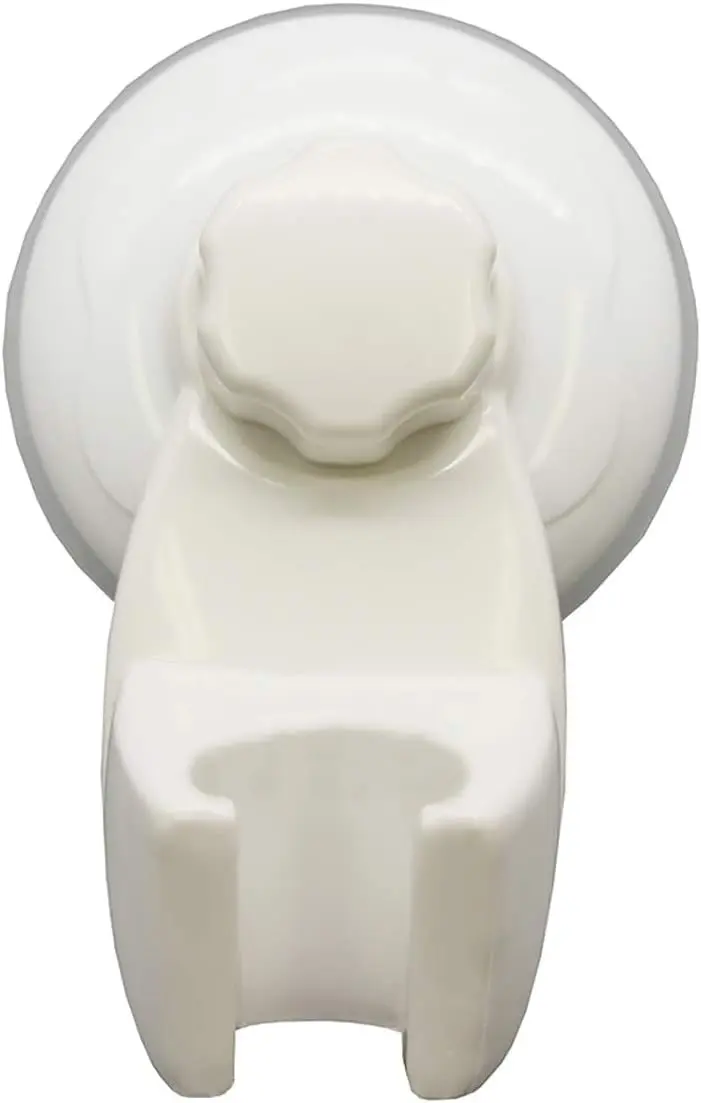 Soporte blanco para cabezal de ducha con ventosa circular, perilla de ajuste y base en forma de U para sujeción sin perforar la pared.