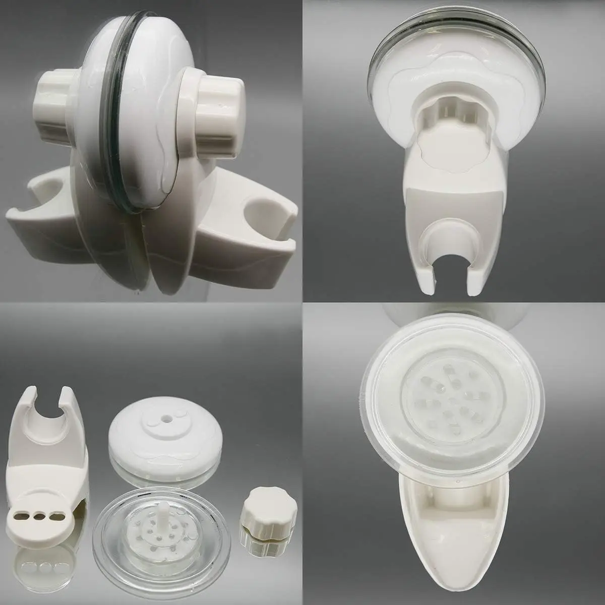 Set de dos soportes blancos para ducha con ventosa de alta succión y perillas de ajuste sin perforar.