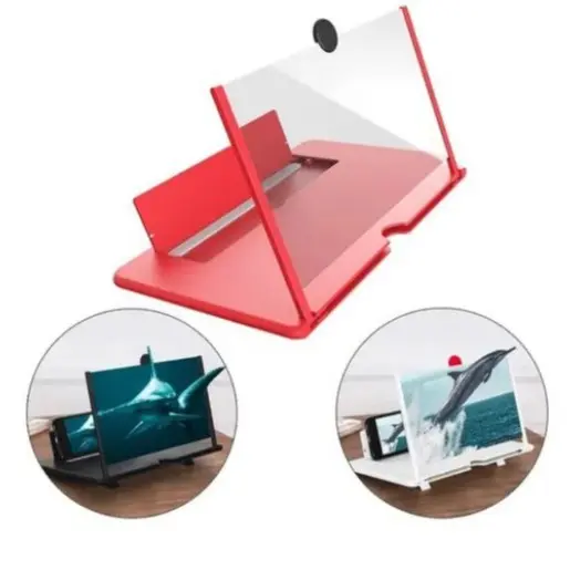 Amplificador de pantalla 3D para móvil en rojo, con ejemplos de uso en colores negro y blanco para celulares y tablets.