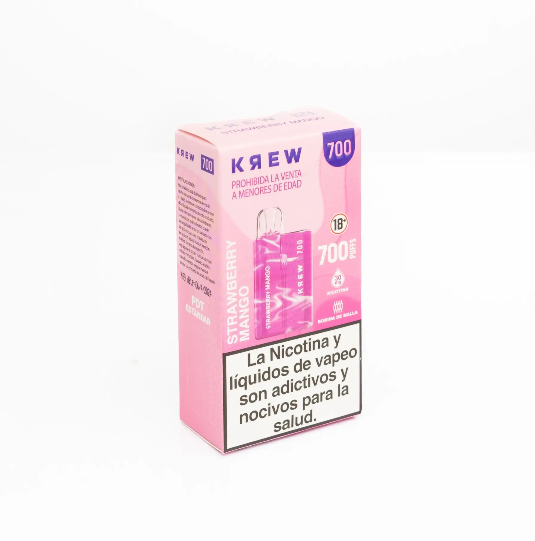 Caja rosa de vape desechable Krew sabor Strawberry Mango con 700 caladas, con advertencias de salud y diseño del dispositivo en el empaque.