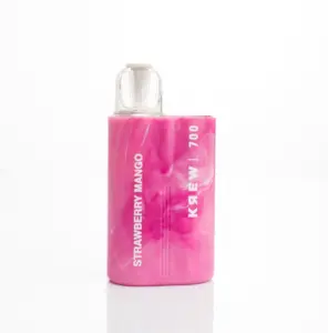 Vape desechable Krew sabor Strawberry Mango con diseño de mármol rosa y boquilla transparente sobre fondo blanco.