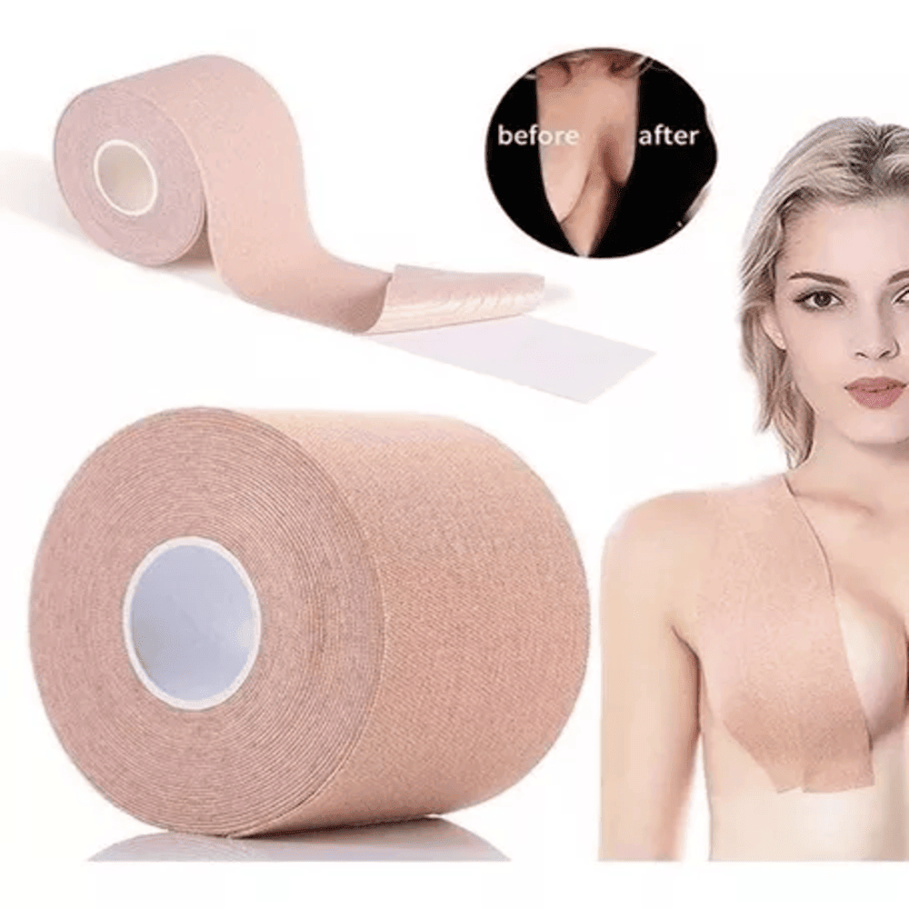 Cinta adhesiva corporal color piel en rollo grande, con ejemplo de aplicación para realzar el busto y lograr un escote elevado sin tirantes.
