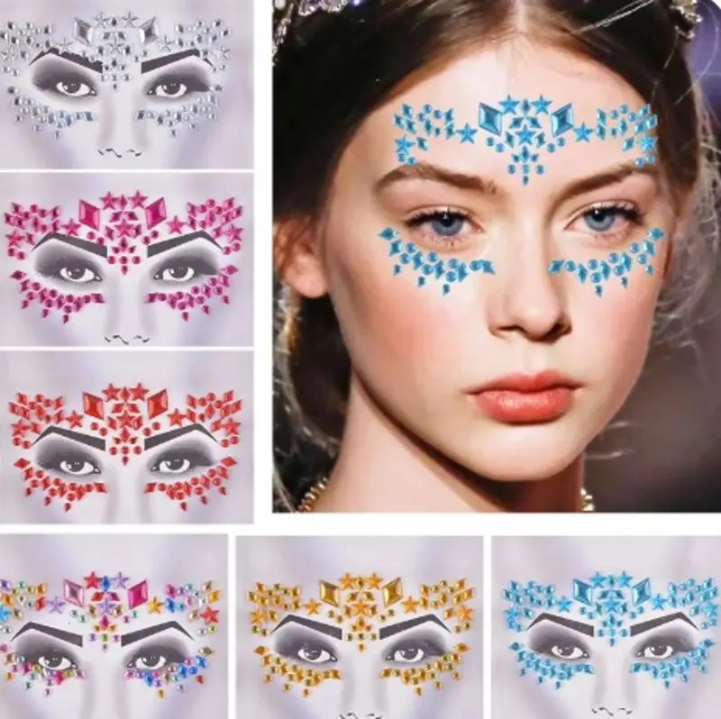 Gemas adhesivas para rostro y maquillaje de fiesta, disponibles en varios colores y formas como estrellas y rombos sobre modelos.