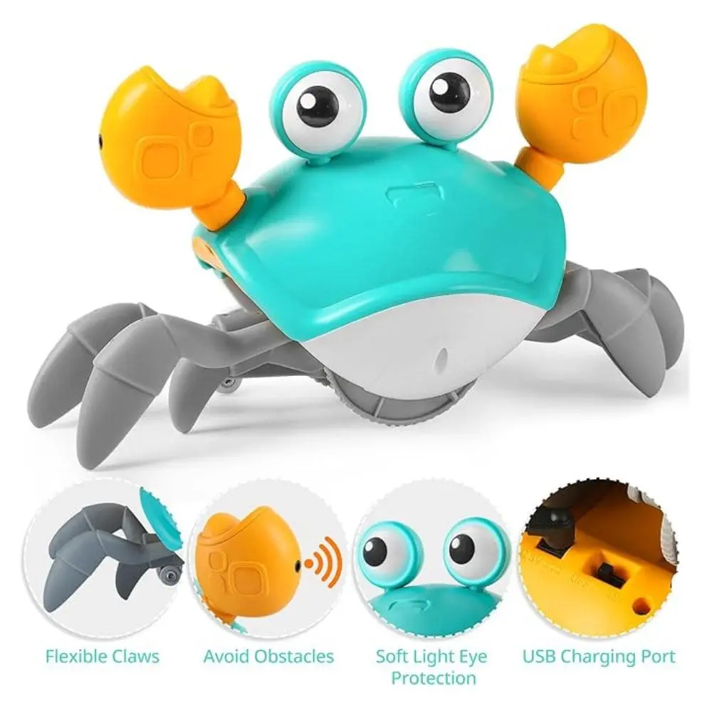 Cangrejo didáctico interactivo color turquesa con pinzas naranjas, patas grises y ojos grandes; incluye iconos de funciones como esquivar obstáculos y USB.