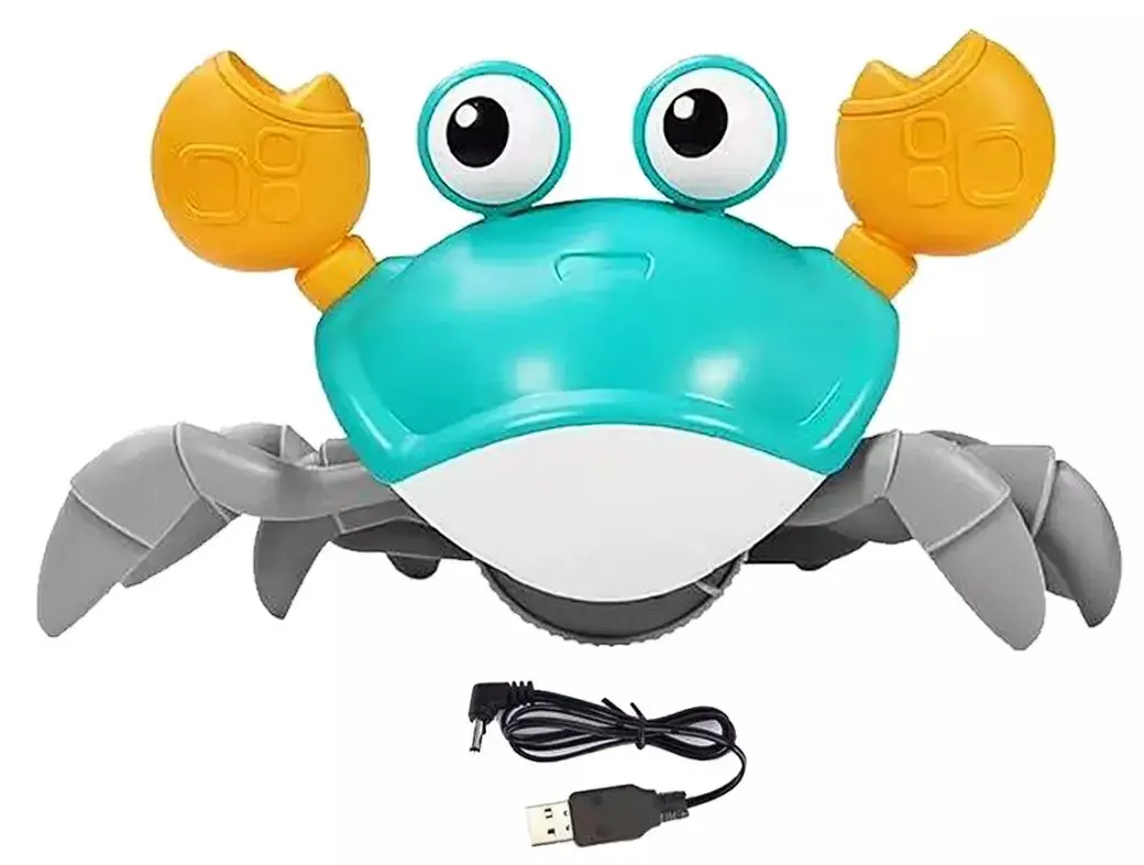 Cangrejo didáctico turquesa con ojos móviles, pinzas amarillas, patas grises y cable USB de carga incluido abajo.