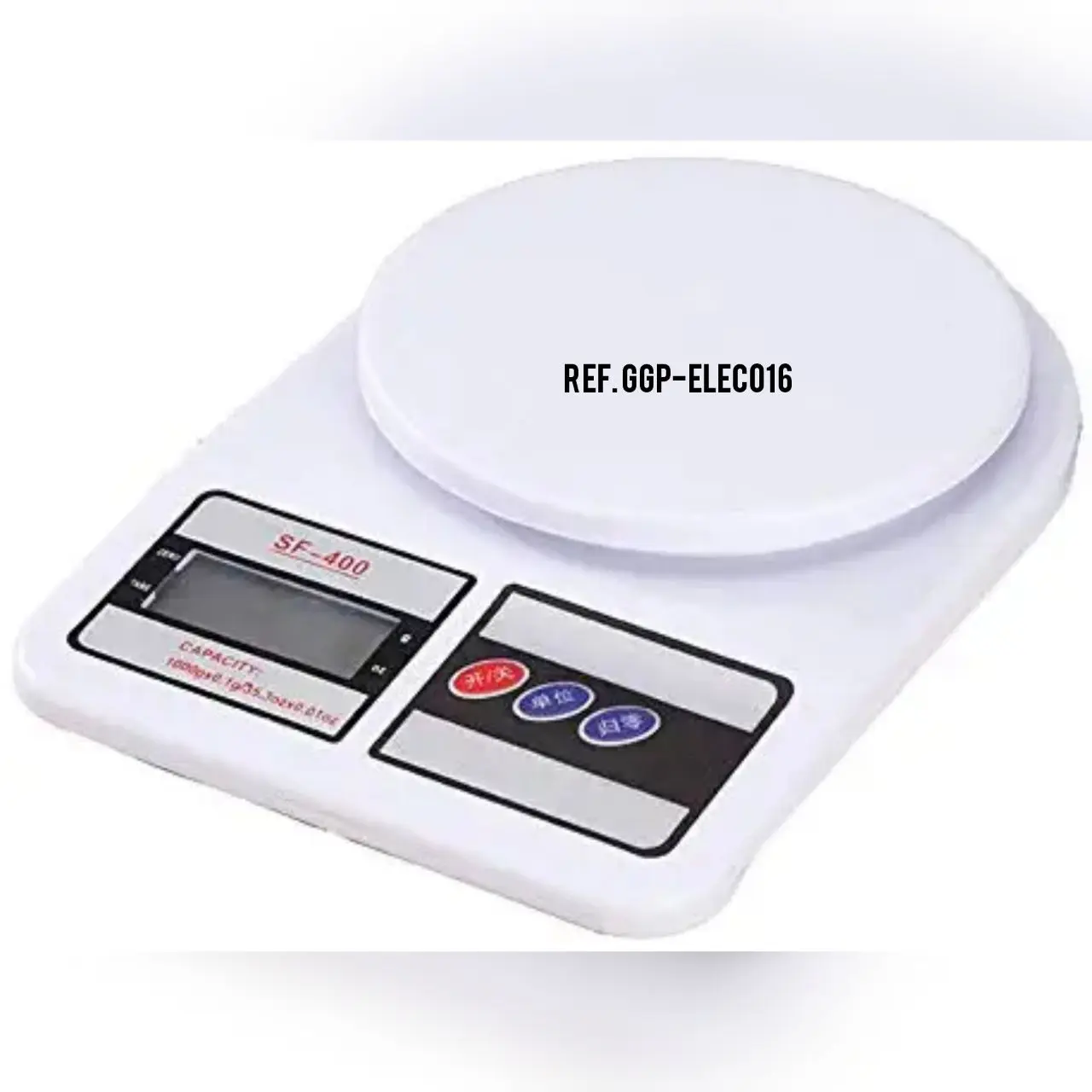 Balanza de cocina digital blanca SF400 de base rectangular con plataforma circular, pantalla LCD y tres botones de control.