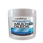 Envase cilíndrico blanco de crema para peinar Hairfly Multi Óleos 2 en 1, con etiqueta plateada, azul y negra, especial para hidratación diaria y control de frizz
