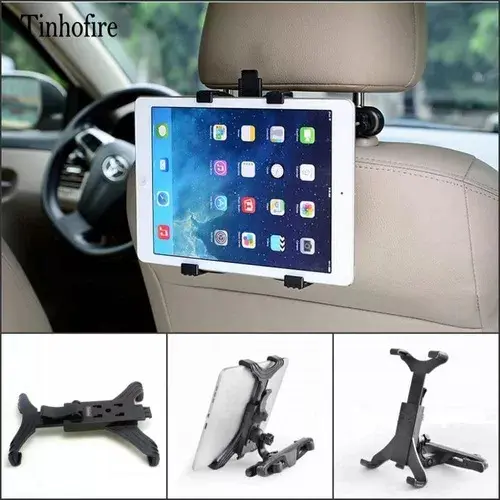 Soporte negro de plástico para tablet montado en el apoyacabezas de un auto, con tres vistas detalladas del accesorio ajustable.