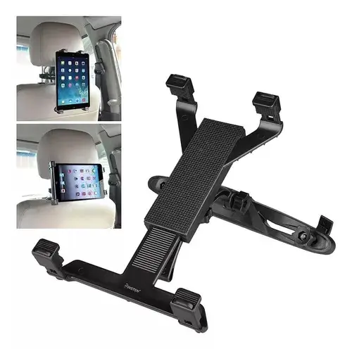 Soporte ajustable negro para tablet de auto, con pinzas de sujeción para apoyacabezas y dos ejemplos de uso vertical y horizontal.