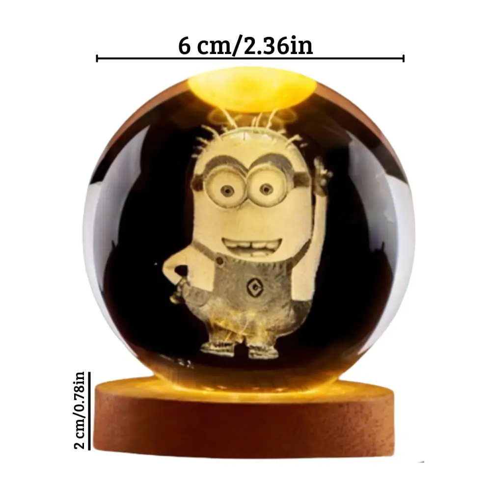 Set x2 Lámpara LED 3D de cristal diseño Minion con base de madera - Ilumina tu dormitorio con una luz suave y relajante