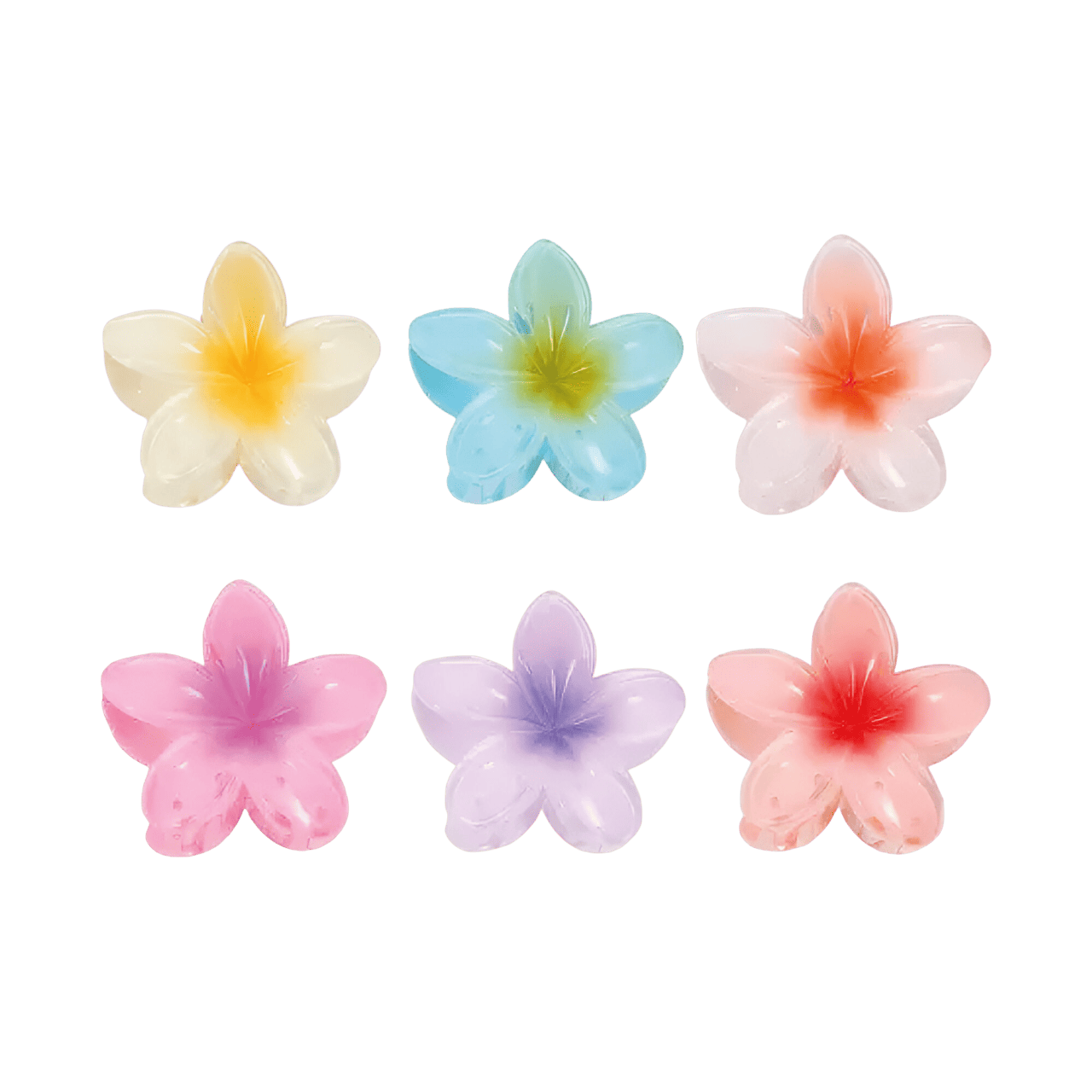 Set de seis pinzas para cabello en forma de flor hawaiana de colores translúcidos, amarillo, azul, blanco con naranja, rosado, lila y coral.