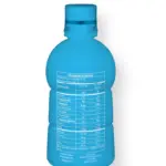 Botella azul de colágeno líquido hidrolizado marino de 500 ml con tabla de información nutricional, vista frontal sobre fondo blanco.