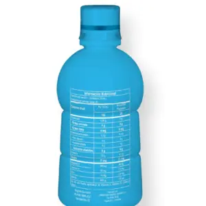Botella azul de colágeno líquido hidrolizado marino de 500 ml con tabla de información nutricional, vista frontal sobre fondo blanco.