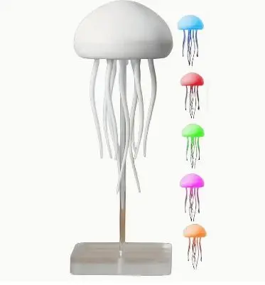 Lámpara LED de medusa blanca con tentáculos largos y base transparente, con opciones de colores azul, rojo, verde, rosa y naranja.