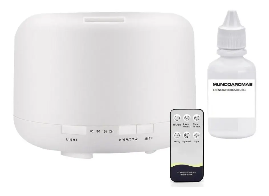 Difusor ultrasónico blanco de 500 ml con control remoto y frasco de esencia hidrosoluble para aromatizar ambientes.