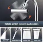 Adaptador de grifo rectangular cromado giratorio con cuatro modos de agua: chorro concentrado, burbuja, cascada y ducha para limpieza de lavabos.