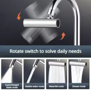 Adaptador de grifo rectangular cromado giratorio con cuatro modos de agua: chorro concentrado, burbuja, cascada y ducha para limpieza de lavabos.