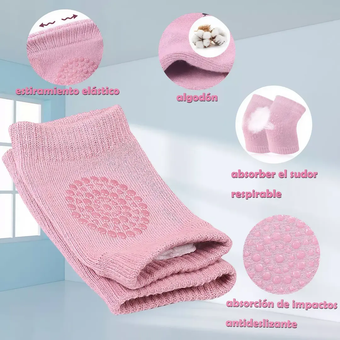Par de rodilleras para bebé en tono rosado con puntos de silicona antideslizante, material de algodón y textura elástica respirable.