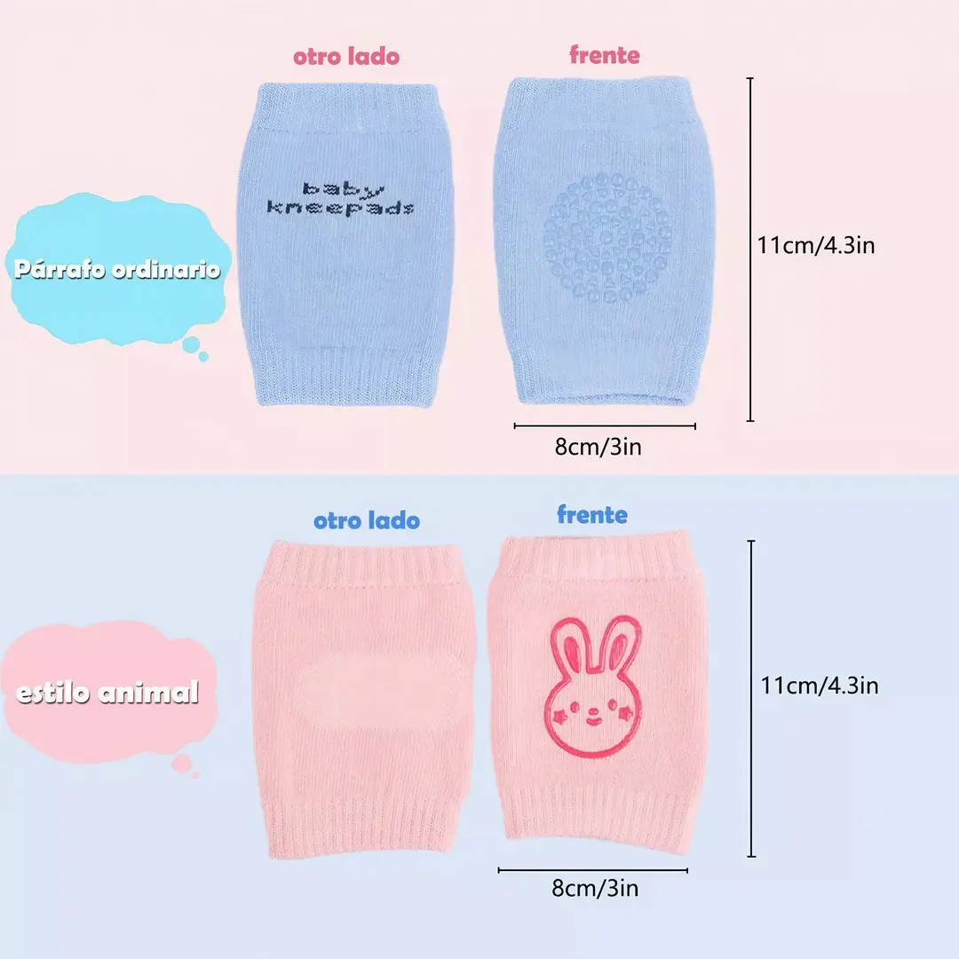 Rodilleras de gateo antideslizantes para bebé, 11x8 cm. Incluye par azul claro con textura circular y par rosado con diseño de conejo.