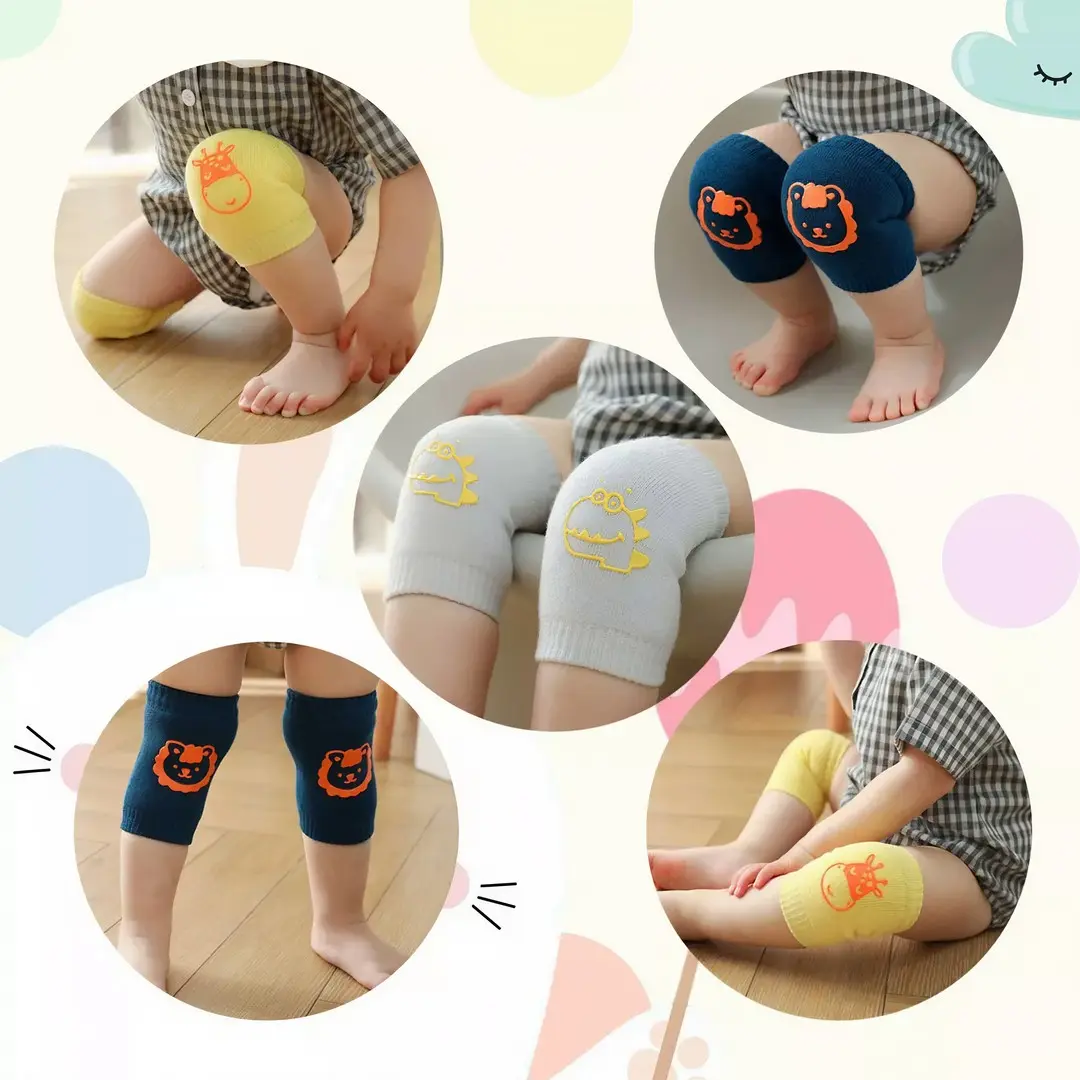 Set de 3 rodilleras de gateo antideslizantes para bebé en colores amarillo, azul oscuro y gris, con diseños infantiles estampados para proteger al niño al caminar.