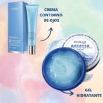 Set de skincare Bioaqua en gel hidratante azul y contorno de ojos en tubo con caja celeste, sobre fondo acuarela.