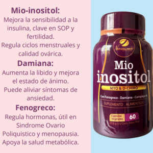 Frasco morado de Mio Inositol con 60 cápsulas, etiquetas doradas, con fenogreco, damiana y complejo B para salud ovárica y hormonal