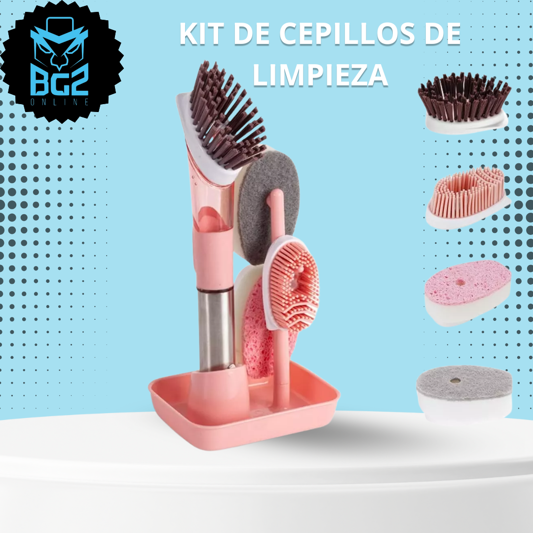 Kit de limpieza rosa con soporte, cepillo dispensador de jabón de cerdas marrones, esponjas y cepillo de silicona.