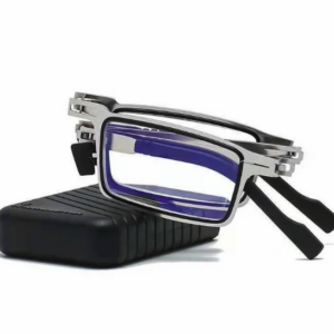 Gafas de lectura plegables plateadas con filtro azul, montura metálica y estuche rígido negro compacto.