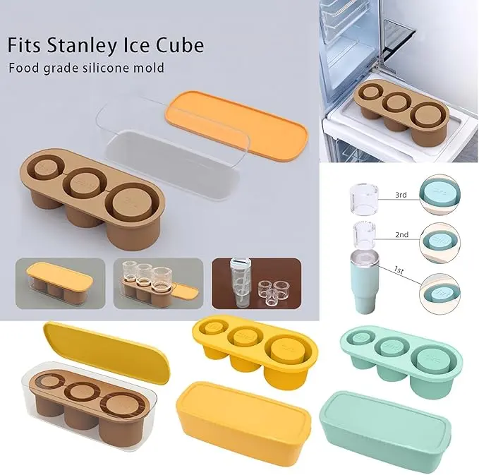 Moldes de silicona marrón, amarillo y verde para hielo cilíndrico hueco para termos Stanley, con estuches plásticos transparentes y tapas.