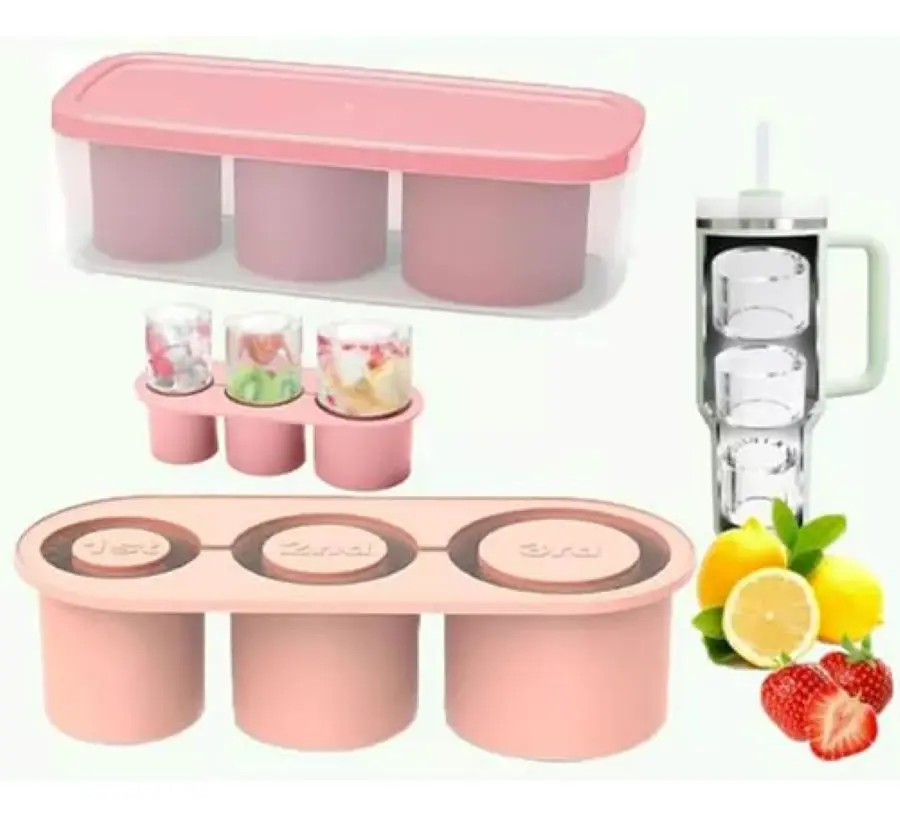 Set x2 moldes de silicona rosa con tres cilindros huecos para hielo, incluye recipiente de almacenamiento y vaso térmico.