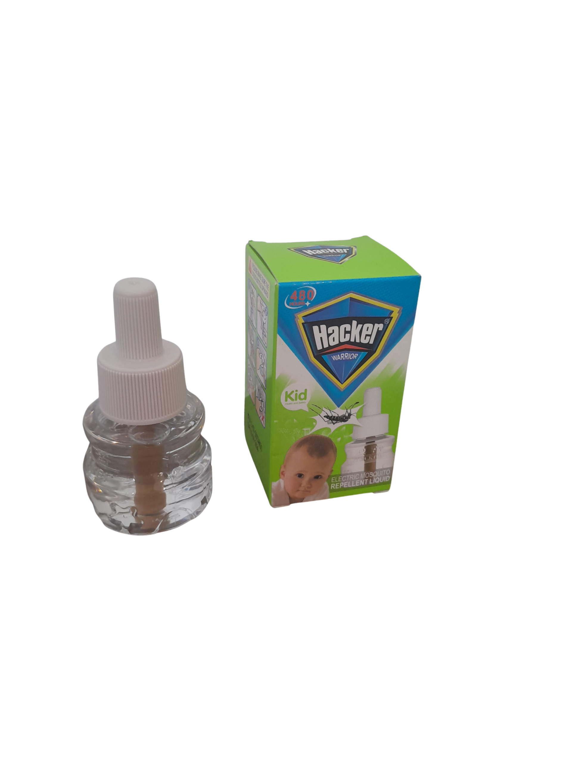 Repuesto de repelente eléctrico líquido Hacker Kids, frasco transparente con tapa blanca junto a su caja verde y azul con de un bebé.