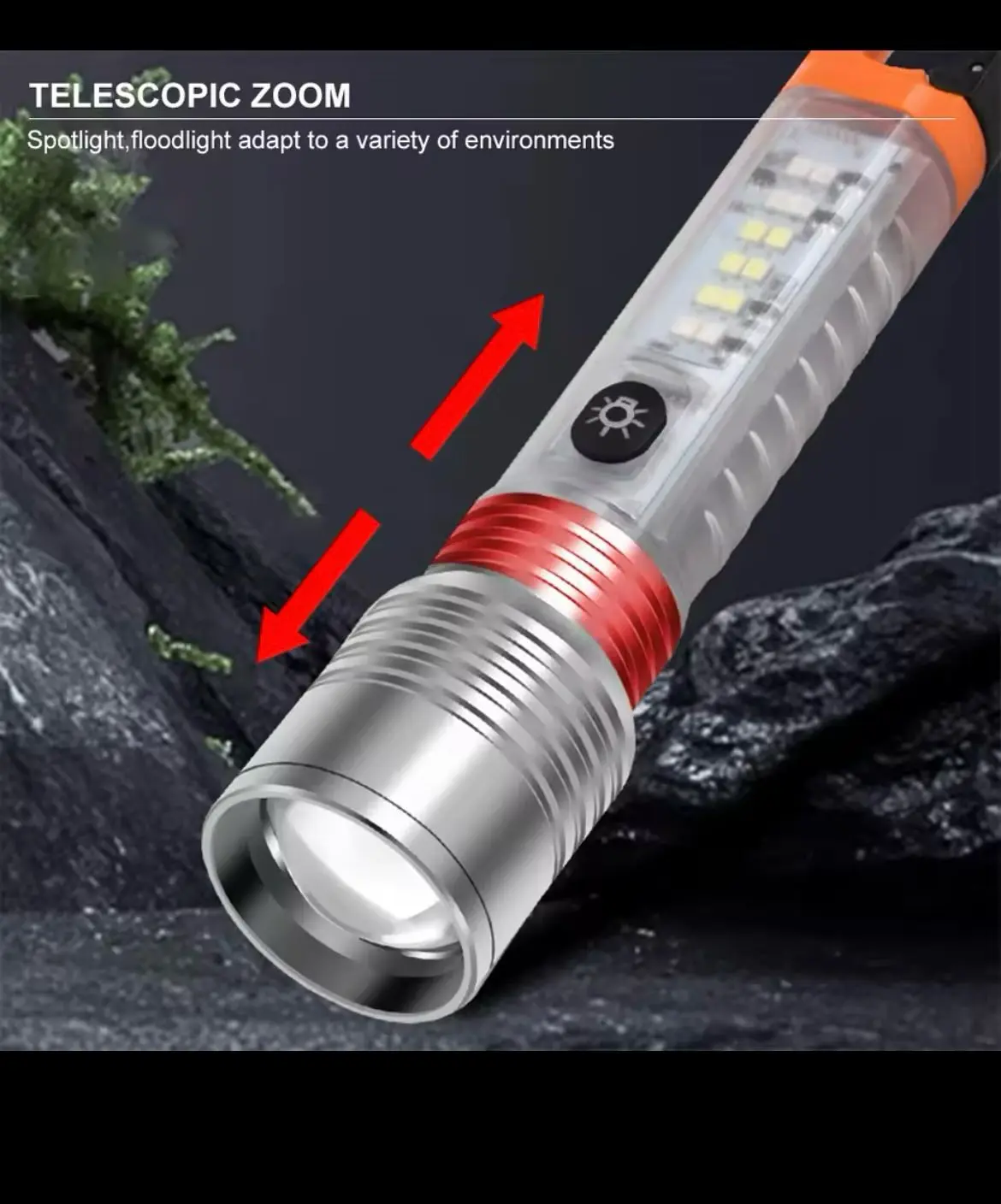 Linterna táctica LED plateada con detalles rojos y naranja, con cabezal de zoom ajustable sobre un fondo de rocas oscuras.