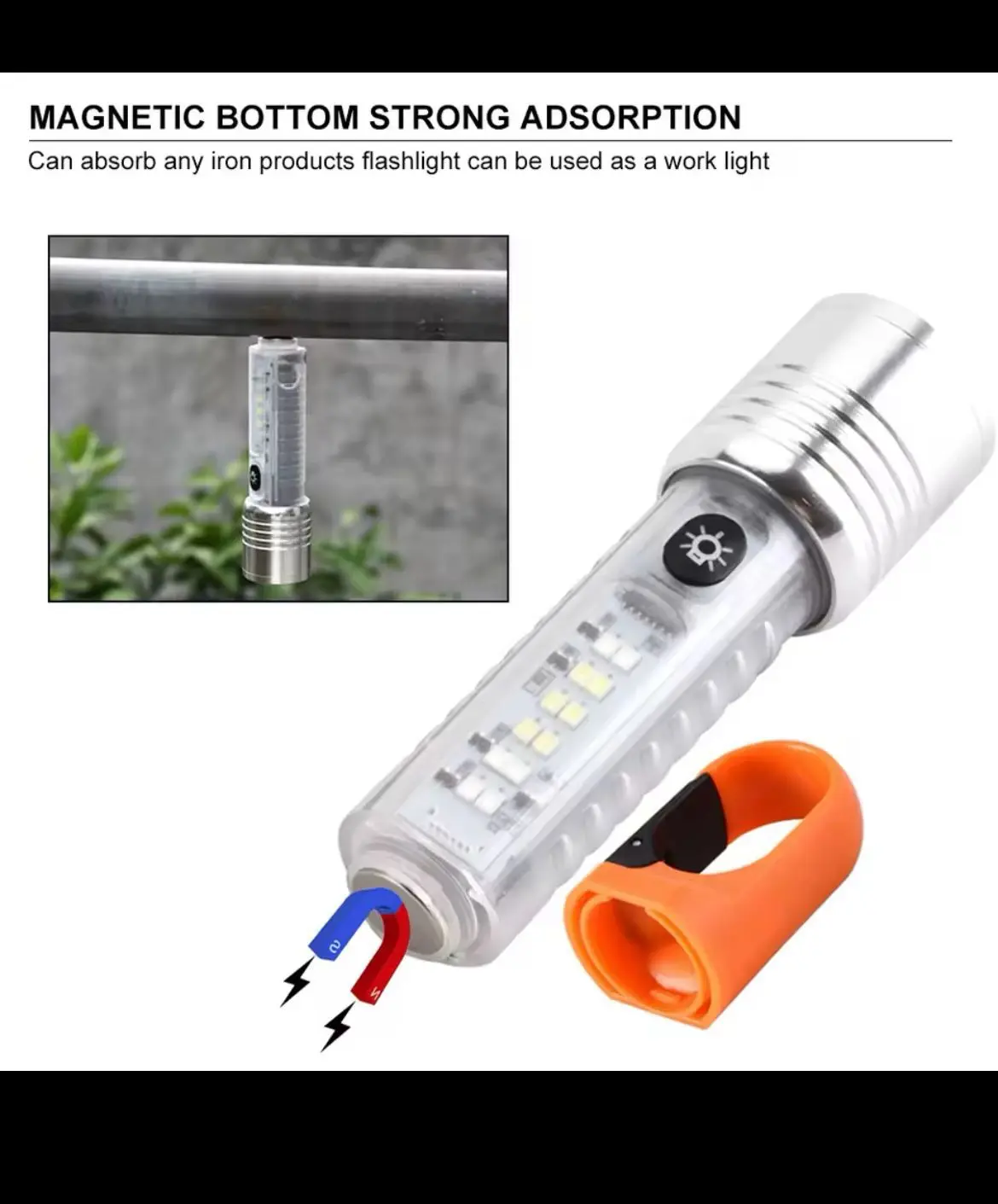 Linterna táctica LED transparente con base magnética para fijación en metal, acompañada de un anillo de silicona color naranja.