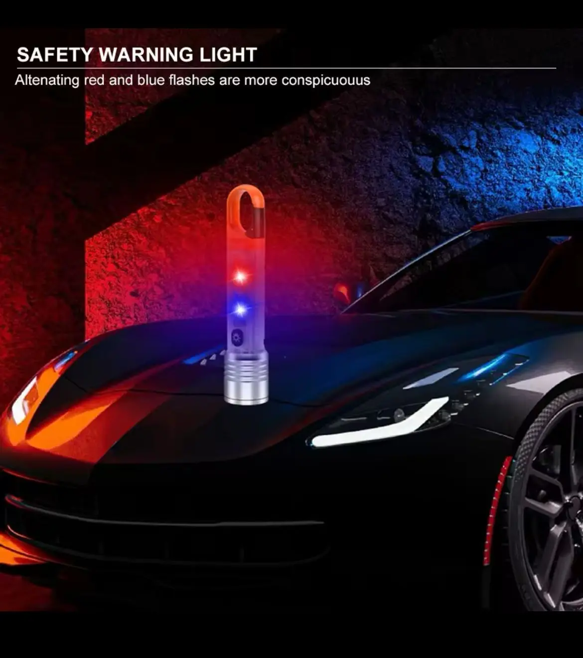 Linterna táctica de seguridad con luces LED rojas y azules parpadeantes, con aro naranja, sobre el capó de un auto de noche.