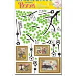 Set x4 adhesivos decorativos para pared con diseño botánico de árboles verdes, pajaritos, marcos dorados y frases en inglés