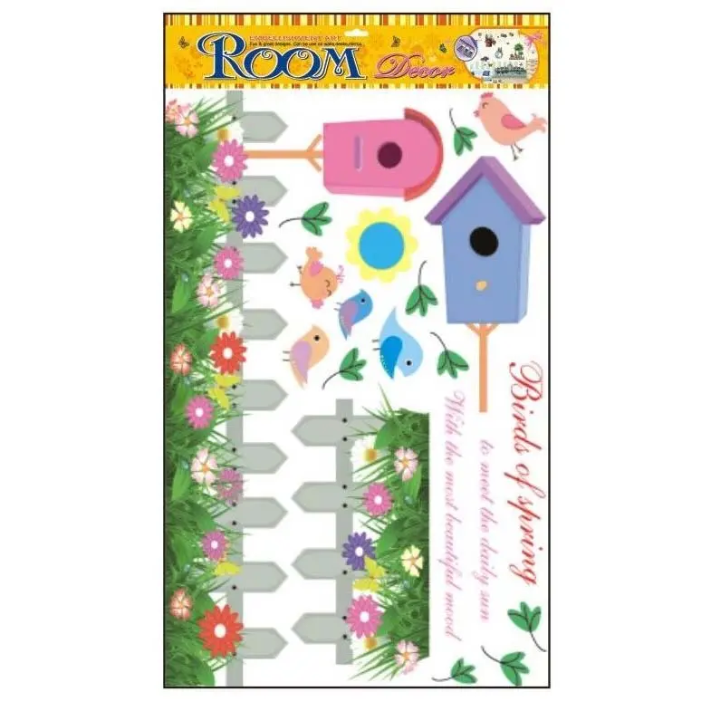 Set de stickers adhesivos decorativos para pared con diseño primaveral, incluye casitas para aves rosas y azules, coloridas flores silvestres, aves pequeñas y una cerca de madera integrada en varias piezas, ideal para renovar espacios interiores.
