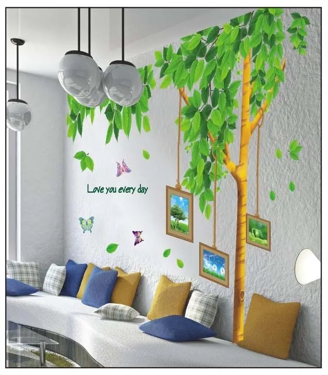 Set x4 sticker adhesivo de pared con diseño de árbol verde, ramas colgantes, marcos de fotos y mariposas decorativas.