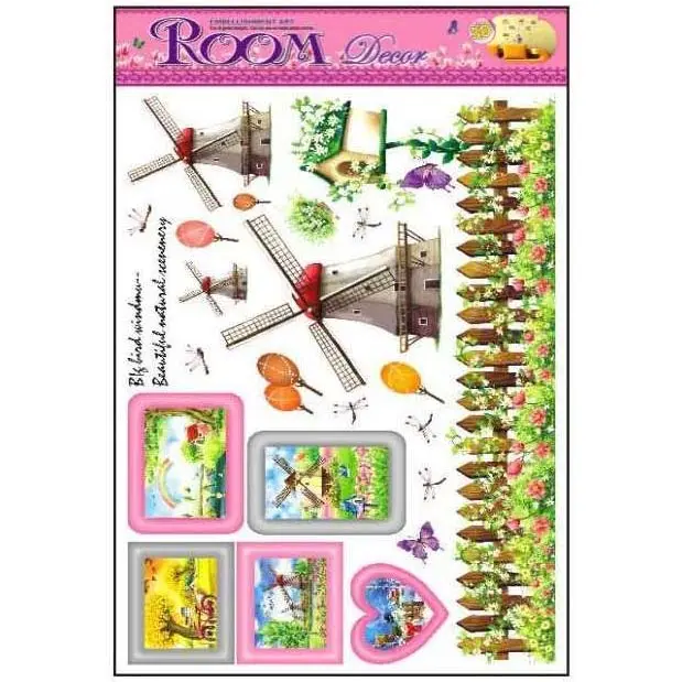 Set de stickers adhesivos de PVC con diseño de molinos, paisajes y valla florida para decoración de paredes interiores.