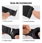 Guía de instalación ilustrada de correa metálica magnética negra estilo milanesa para reloj, mostrando cuatro pasos numerados para colocar el pasador y conectar la banda al dispositivo.