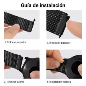 Guía de instalación ilustrada de correa metálica magnética negra estilo milanesa para reloj, mostrando cuatro pasos numerados para colocar el pasador y conectar la banda al dispositivo.