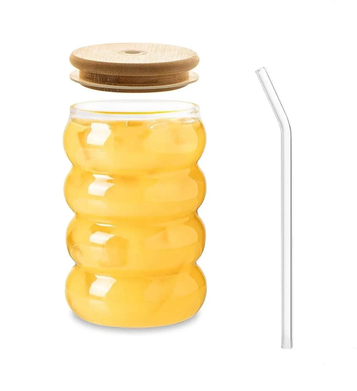 Set x2 Vaso ondulado de vidrio con tapa de bambú y pitillo - Disfruta tus bebidas frías y calientes sin derrames - Imagen 3