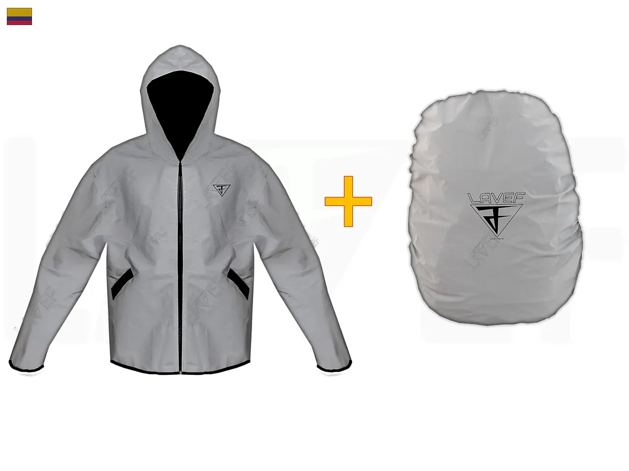 Chaqueta rompevientos con capucha y forro para maletín, ambos en color gris reflectivo con detalles negros y logotipo impreso en el pecho.
